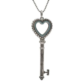 Tiffany & Co. Sterling Silver Blue Enamel Heart Key Pendant Necklace