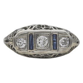 Art Deco Filigree 14k White Gold Diamond and Sapphire Ring
