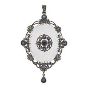 18k Yellow Gold Sapphire, Carved Rock Crystal and Diamond Pendant