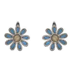 18k White Gold Colorless Diamond, Yellow Diamond and Turquoise Daisy Flower Earrings