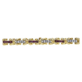 14k Yellow Gold Round Diamond and Square Ruby Tennis Bracelet