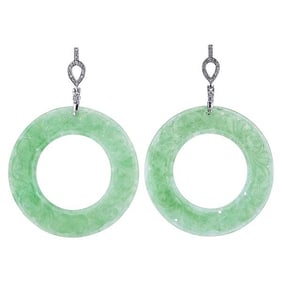 18k White Gold Diamond and Carved Jade Loop Earrings