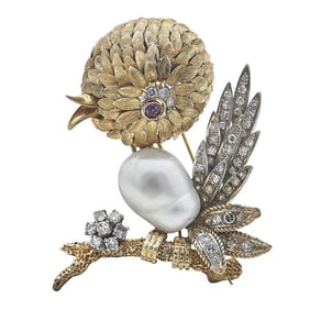 18k Yellow Gold Ruby, Diamond and Baroque Pearl Bird Brooch Pin