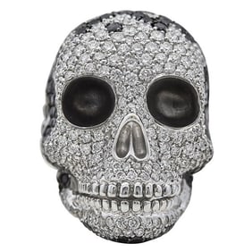 Crivelli Colorless and Black Diamond Skull Ring with Articulated Jaw