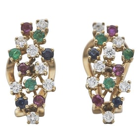 18k Yellow Gold Diamond, Ruby, Emerald and Sapphire Confetti Cluster Earrings