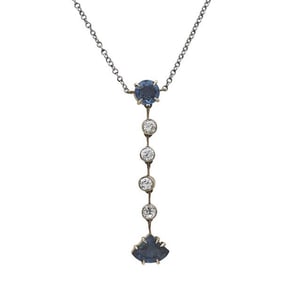 Platinum and 14k Yellow Gold Sapphire and Diamond Drop Pendant Necklace
