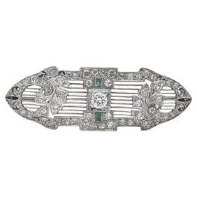 Art Deco Filigree Platinum Diamond and Emerald Brooch Pin