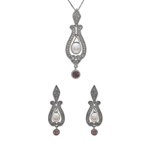 14k White Gold Diamond, Pink Pearl and Pink Tourmaline Pendant Necklace and Earrings Suite
