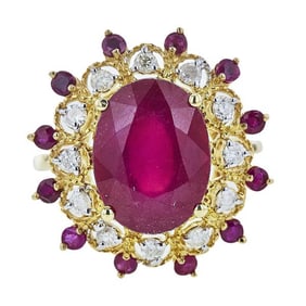 14k Yellow Gold Oval Ruby and Diamond Halo Cocktail Ring