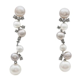 18k White Gold Pink and White Akoya Pearl and Diamond Cluster Drop Earrings