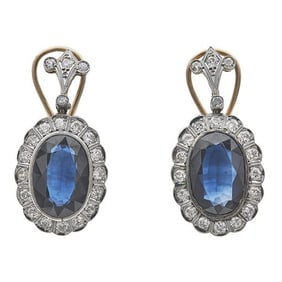 18k Yellow Gold and Platinum Oval Cut Synthetic Sapphire and Diamond Drop Earrings