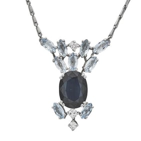 18k White Gold Sapphire, Aquamarine and Diamond Cluster Pendant Drop Necklace