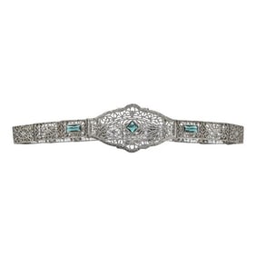 Art Deco Filigree 14k White Gold Emerald Bracelet