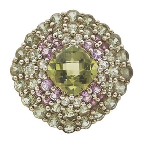 14k Yellow Gold Peridot and Pink Sapphire Tiered Cluster Cocktail Ring
