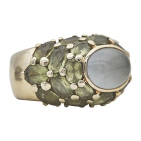 18k Yellow Gold Quartz Cabochon and Peridot Dome Ring
