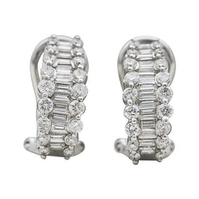 18k White Gold Round and Baguette Cut Diamond Half Hoop Earrings