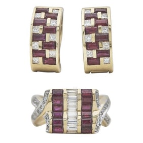 18k Yellow Gold Ruby and Diamond Ring and Checkered Earrings Set