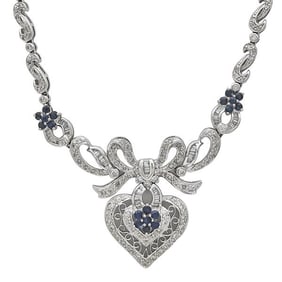 18k White Gold Diamond and Sapphire Bow and Heart Pendant Necklace