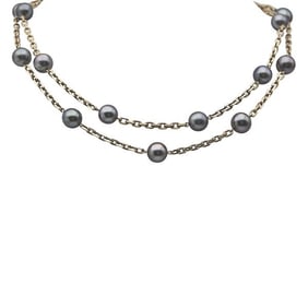 18k Yellow Gold 9mm Tahitian Pearl Station Chain Necklace