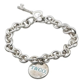 Tiffany & Co. Sterling Silver Blue Enamel Logo and Heart Key Charm Bracelet