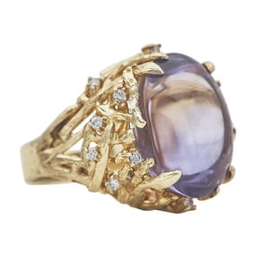 18k Yellow Gold Amethyst Cabochon and Diamond Branch Basket Ring
