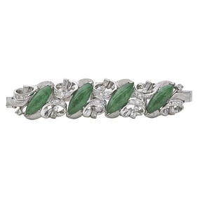 14k White Gold Marquise-Shaped Jade and Single Cut Diamond Bracelet