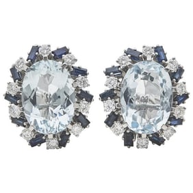 18k White Gold Oval-Shaped Aquamarine, Diamond and Sapphire Earrings