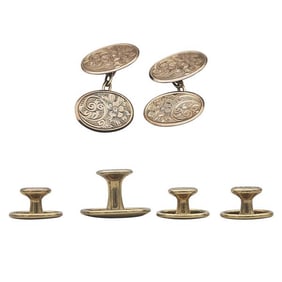 Vintage 9k Rose and Yellow Gold Floral Disc Cufflink and Shirt Stud Set