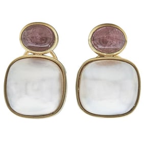 Ferran 18k Yellow Gold Mabe Pearl and Pink Tourmaline Cabochon Earrings