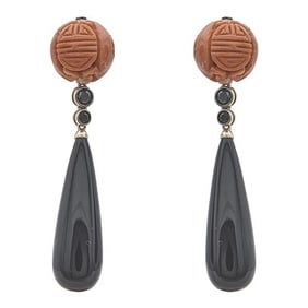 18k Rose Gold Carved Orange Coral, Black Diamond and Black Onyx Drop Earrings