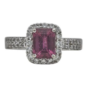 18k White Gold Emerald-Cut Pink Tourmaline and Diamond Halo Ring
