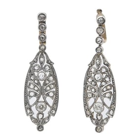 Vintage 18k Yellow Gold and Platinum Rose and Round Cut Diamond Openwork Drop Earrings