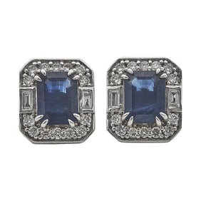 18k White Gold Sapphire and Mixed Cut Diamond Square Stud Earrings