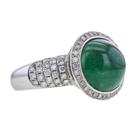 14k White Gold Emerald Cabochon and Diamond Halo Basket Ring