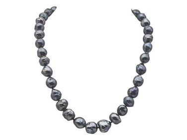 Single Strand Treated Black Japanese Biwa Baroque Cultured Pearl Necklace with 18k Yellow Gold Clasp
