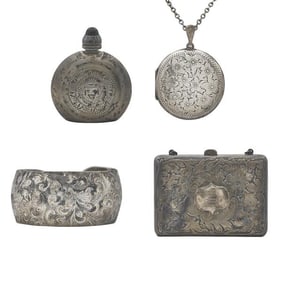 Lot of Sterling Silver Cuff Bangle Bracelet, Locket Pendant Necklace, Compact Purse and Ormex
