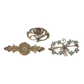 Lot of 3 Art Nouveau 15k, 14k and 10k Gold Seed Pearl, Enamel, Diamond and Citrine Pins