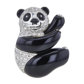 18k White Gold Black Onyx and Diamond Panda Brooch Pin