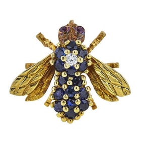 18k Yellow Gold Diamond, Ruby and Sapphire Flying Insect Brooch Pin