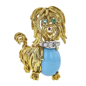 18k Yellow Gold Turquoise, Diamond, Emerald and Ruby Shaggy Dog Brooch Pin