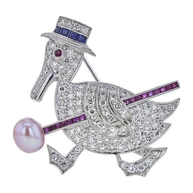 18k White Gold Diamond, Ruby and Sapphire Duck with Hat and Pink Pearl Staff Brooch Pin