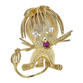 Vintage 14k Yellow Gold Diamond and Ruby Lion Ebouriffe Brooch Pin