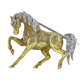 18k Yellow Gold and Platinum Diamond Horse Brooch Pin