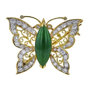 14k Yellow Gold Diamond and Jade Butterfly Brooch Pendant