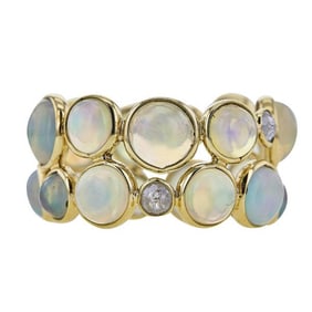 18k Yellow Gold Opal and Rose Cut Diamond Double Stack Band Ring