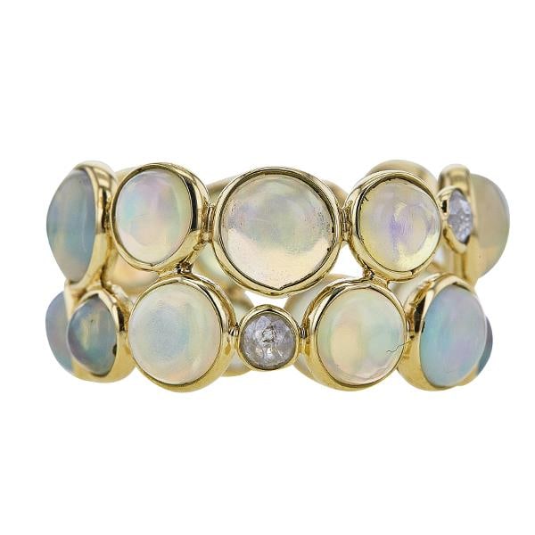 18k Yellow Gold Opal and Rose Cut Diamond Double Stack Band Ring: Ring size 7 1/4. 3.9 grams. Gemstones have not been graded for color and clarity, and tested for clarity and color enhancement, unless stated otherwise.