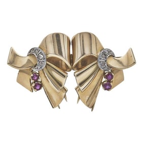 Retro 18k Yellow Gold and Platinum Synthetic Ruby and Rose Cut Diamond Brooch Pin