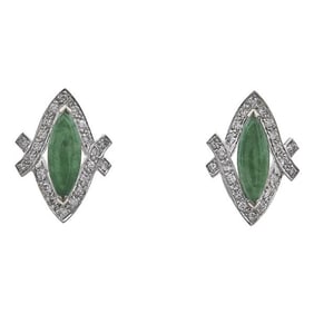 14k White Gold Marquise-Shaped Jade and Diamond Earrings