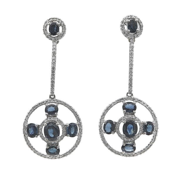 18k White Gold Sapphire and Diamond Articulated Drop Earrings: Diamonds weighing approx. 2.00 ctw. Earrings measuring approx. 44mm x 20mm. With 18k Gold backs. 11.2 grams. Gemstones have not been graded for color and clarity, and tested for clarity and color enha