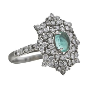 Platinum Emerald Cabochon and Diamond Cluster Ring